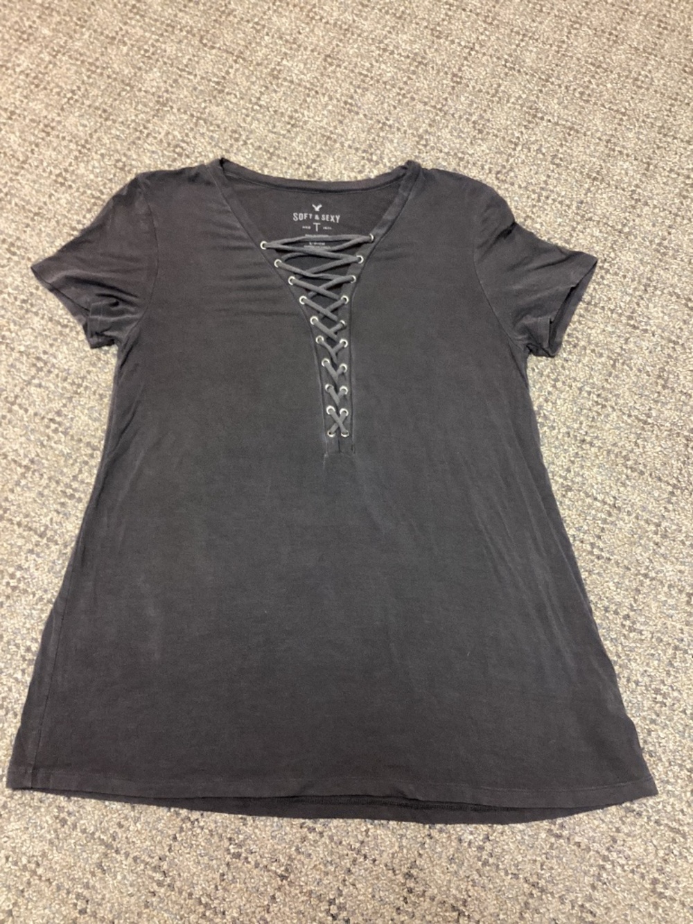 American Eagle Outfitters Soft & Sexy Charcoal Gray Lace-Up V-Neck Top Size S